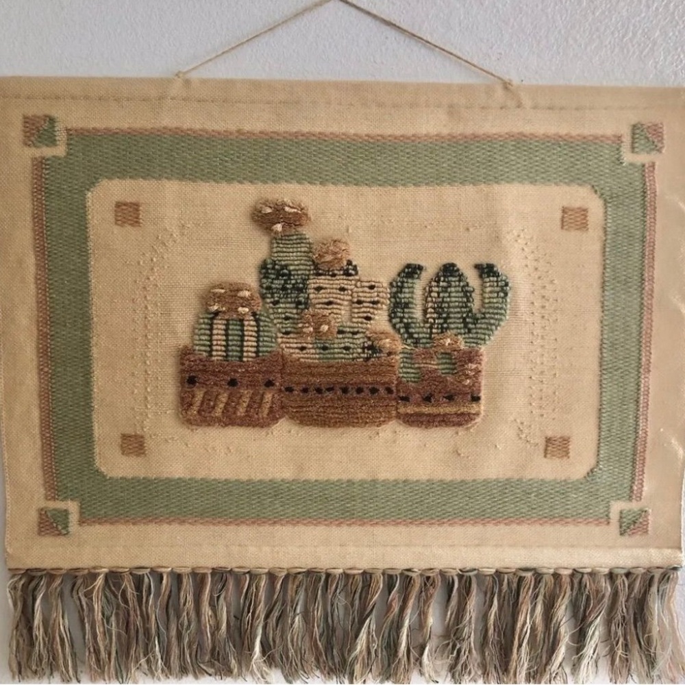 VTG. 1987 HandWoven Fiber Art BOHO Cactus Tapestry 49” RARE Wallhanging NEW